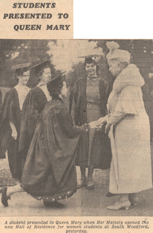 Joan Hatfield is pictured here curtesying as she is presented to HM Queen Mary at the opening of Lynden Hall of Residence for Women in South Woodford in May 1939.