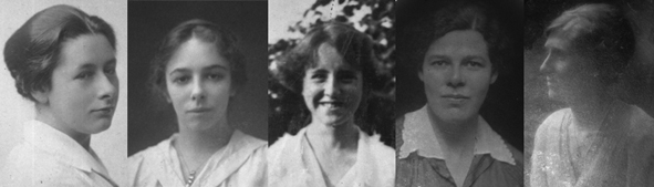 Dorothy Stuart Russell, Olive Gwendoline Potter, Dorothy Gibson, Gladys Wauchope, Dorothy Armitage Waterfield, c1919.