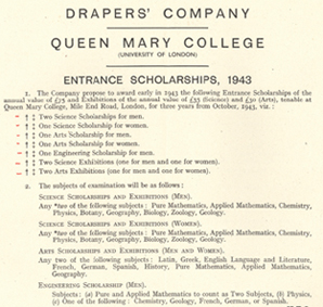Click to enlarge: Queen Mary College Prospectus insert, 1942-1943.