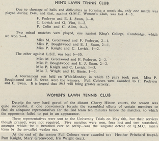 Click to enlarge: Queen Mary College, Men's and Women's Lawn Tennis Clubs, Summer 1945.