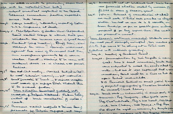 Click to enlarge: Westfield College, Principal's Log Book, May 1940.