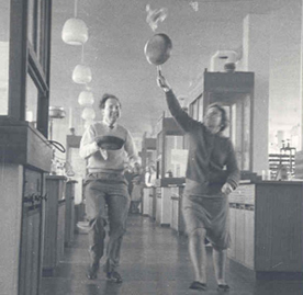 Chemistry laboratory, shrove Tuesday pancake race, Westfield College 1963.
