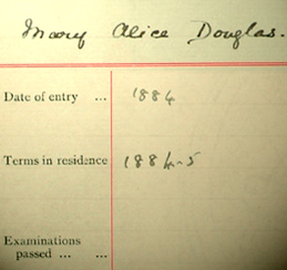 Student Register entry for Mary Alice Douglas, who was one of the first students 